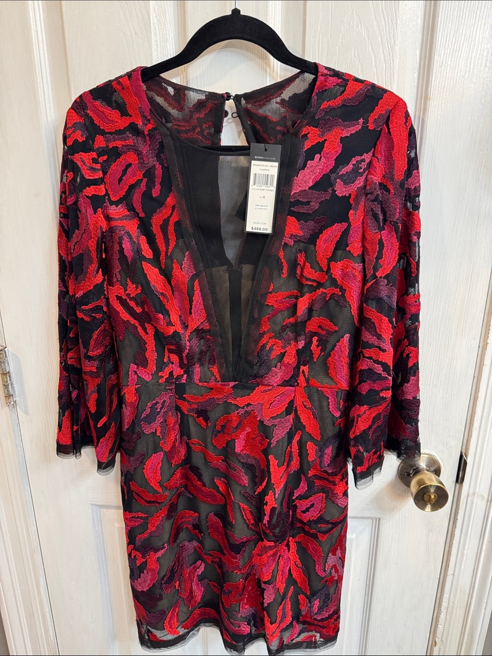 BCBG MaxAzria Women's Sheer V-Neck Embroidered Red & Pink Dress
